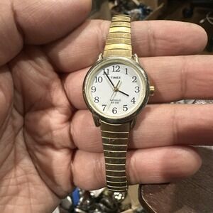 Works Timex Watch Women Gold Tone Round Date Stretch Indiglo 25mm 7" New Battery